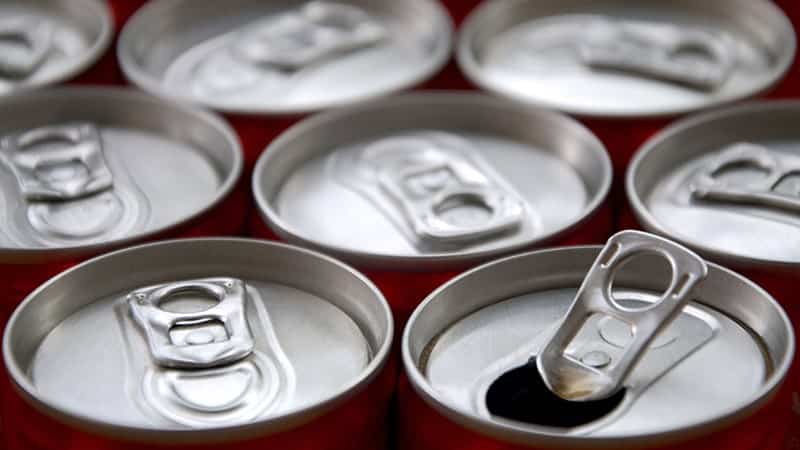many aluminium energy drink cans close up